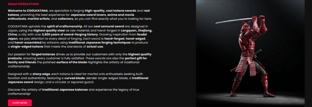 Red Samurai Warrior + Brand Story-About Section With Authority-Katana-shopify