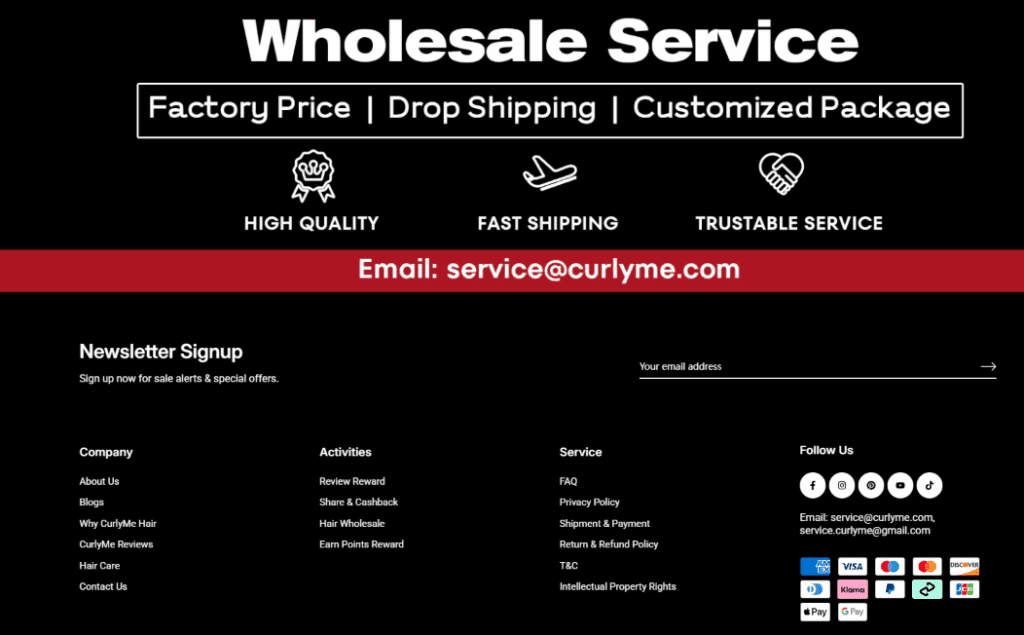 Wholesale & Service-Oriented Pages-Multichannel contact info & payment support icons (Klarna, PayPal, Apple Pay)