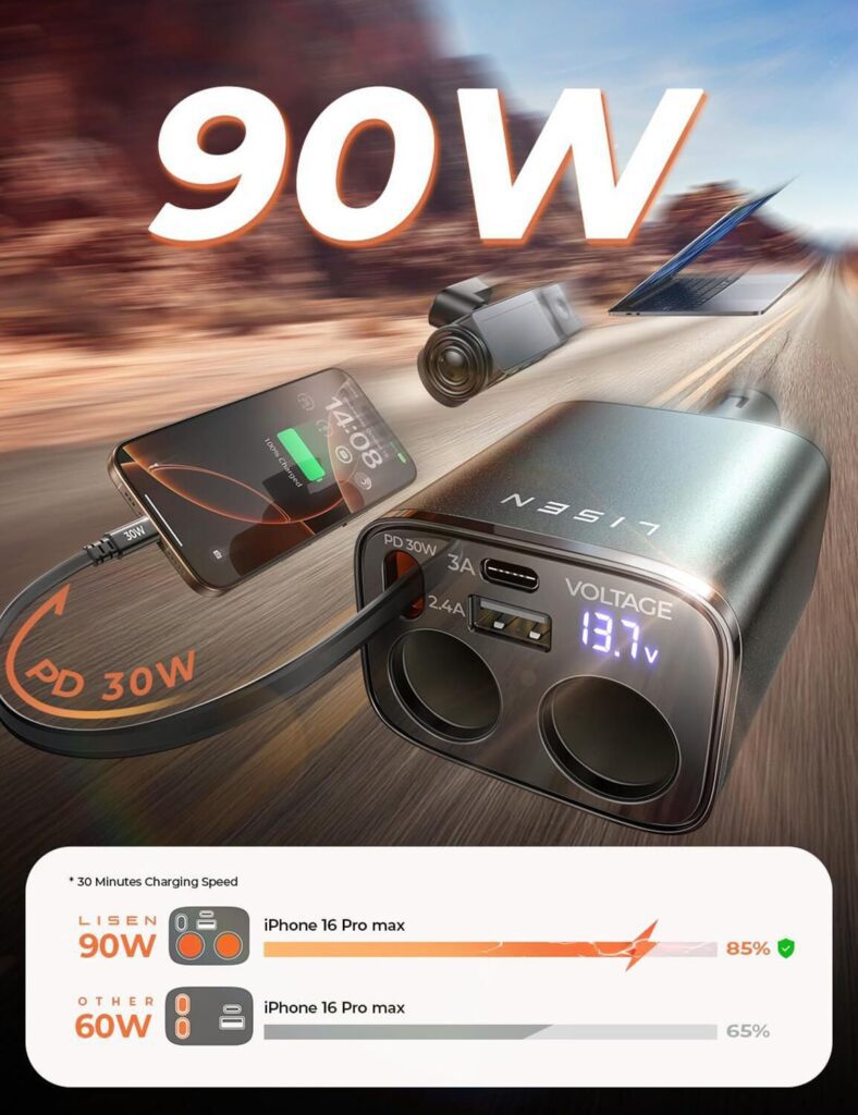 90W Fast Charging Power Visualized-Amazon Car Charger Images