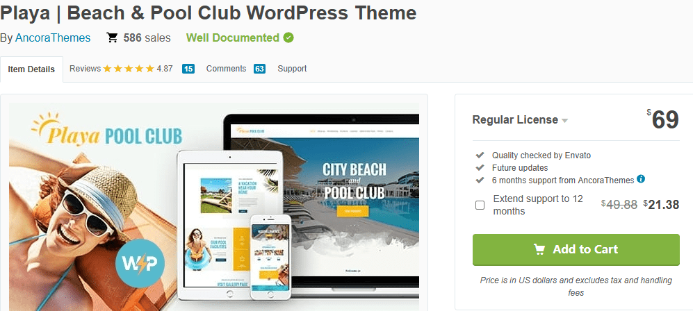 Top WordPress Themes for Summer Camps and Tours-Individual Theme Strengths & Weaknesses-Playa City – Beach & Pool Club